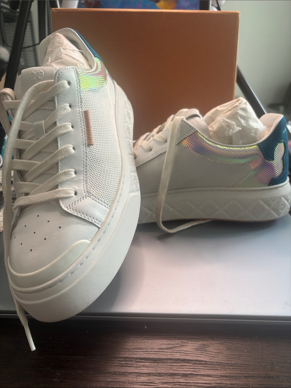 Tory Burch White Sneakers with Iridescent Heel Detail
